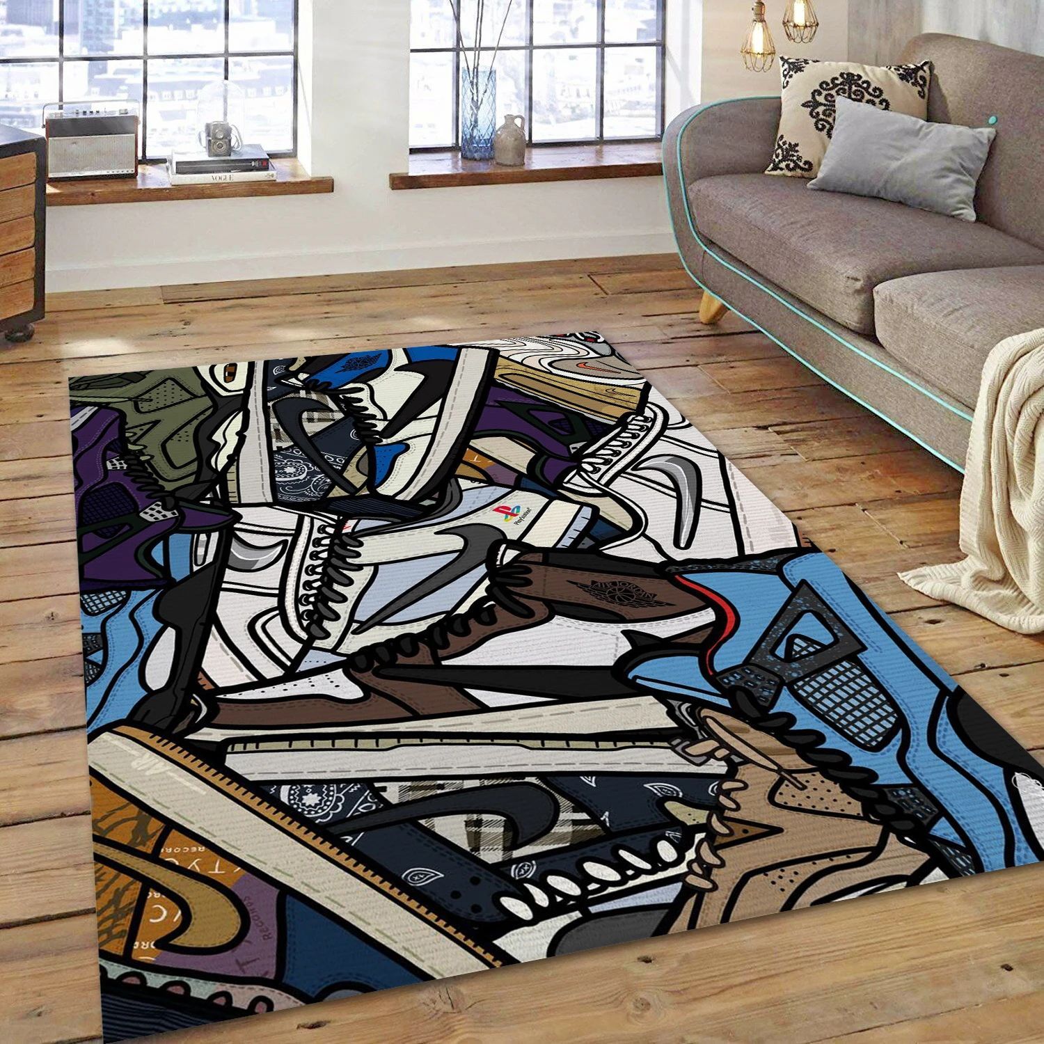 A Pile Of Travis Sneaker Fashion Brand Area Rug