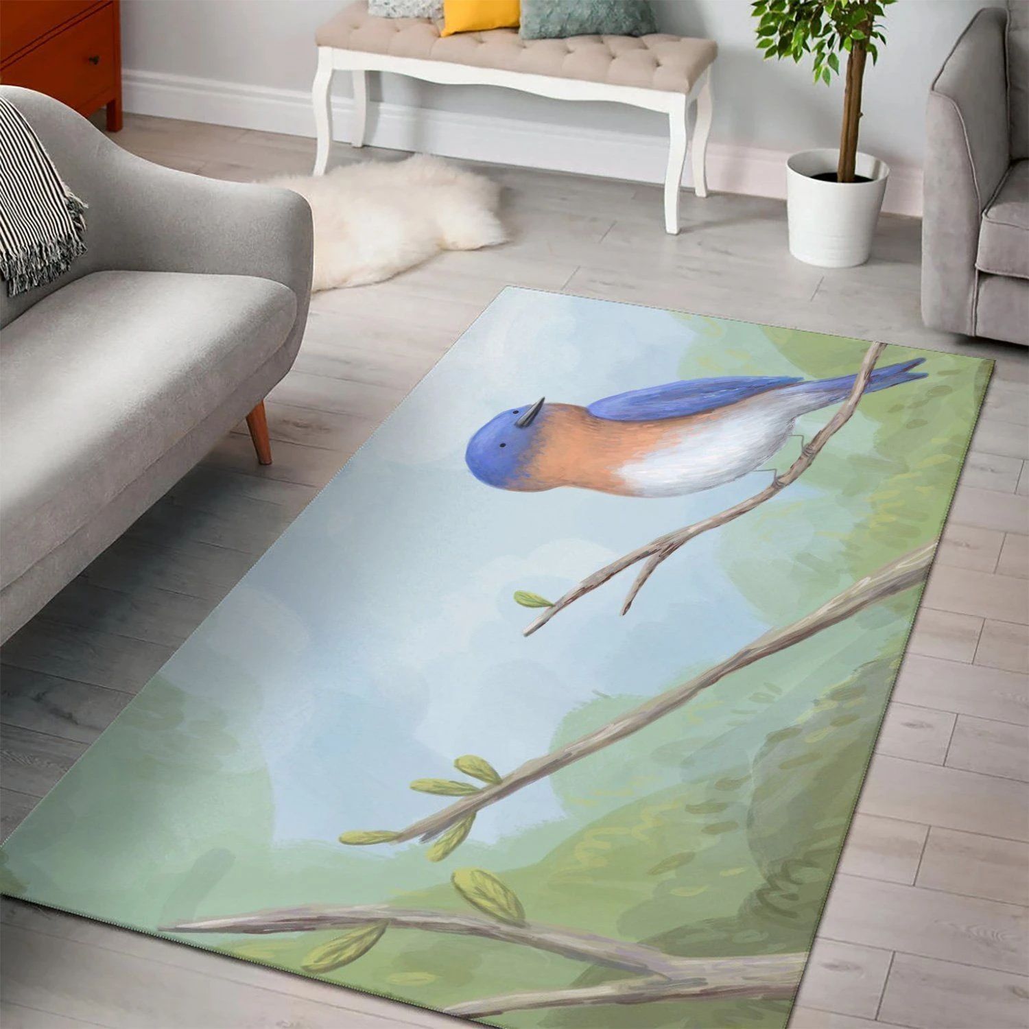 Bluebird On Branch  Living Room Area Rug