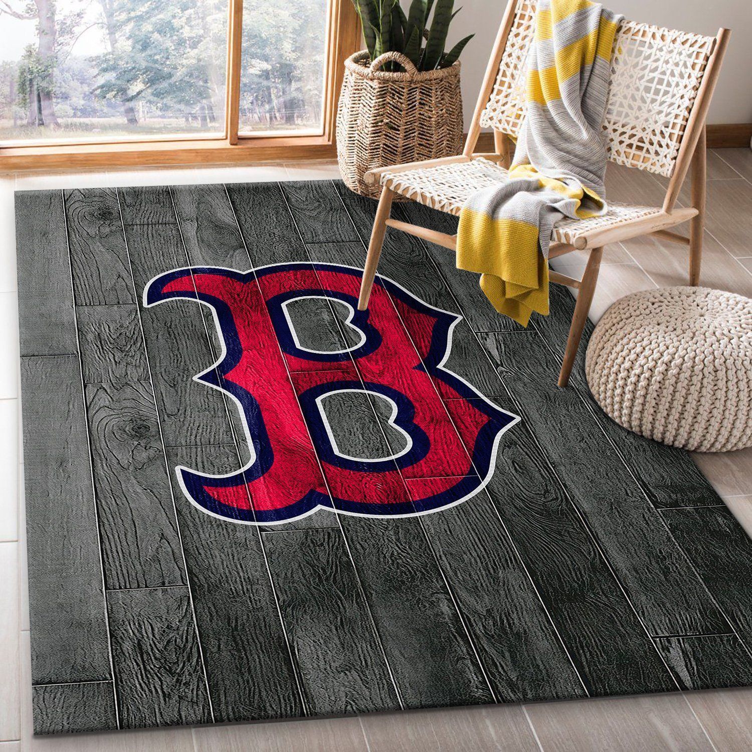 Boston Red Sox MLB Team Logo Grey Wooden Style Style Nice Gift Home Decor Rectangle Area Rug - Indoor Outdoor Rugs