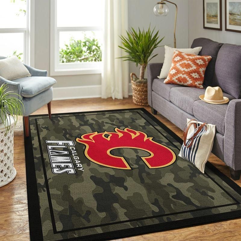 Calgary Flames Nhl Team Logo Camo Style Rug Room Carpet Custom Area Floor Home Decor - Indoor Outdoor Rugs