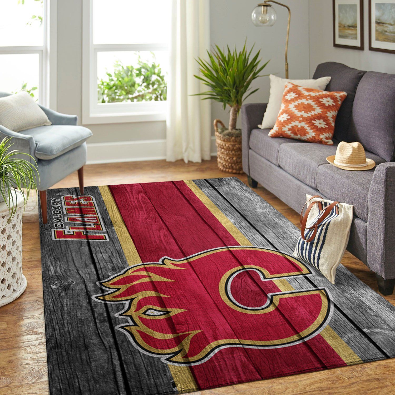 Calgary Flames Nhl Team Logo Wooden Style Nice Gift Home Decor Rectangle Area Rug - Indoor Outdoor Rugs