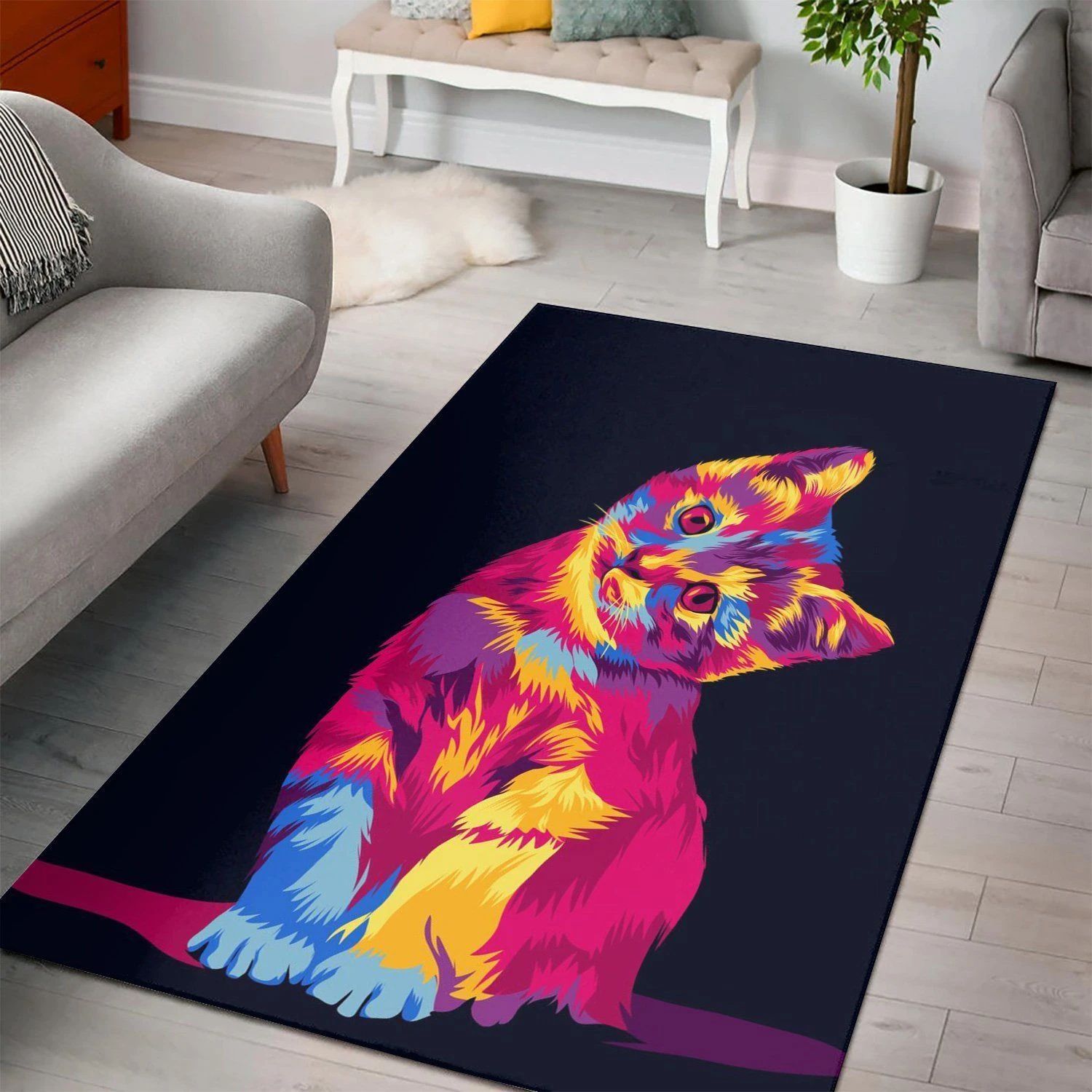 Cat Illustration Pop Art C  Living Room Area Rug