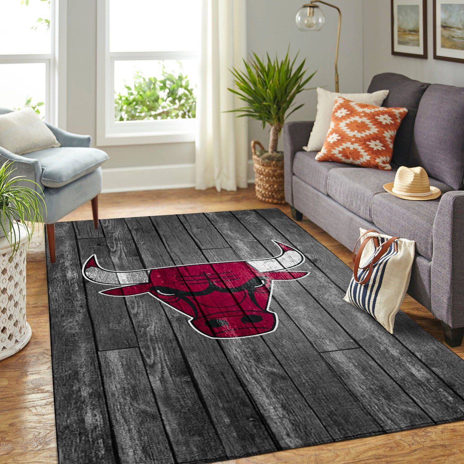 Chicago Bulls Nba Team Logo Grey Wooden Style Nice Gift Home Decor Rectangle Area Rug - Indoor Outdoor Rugs