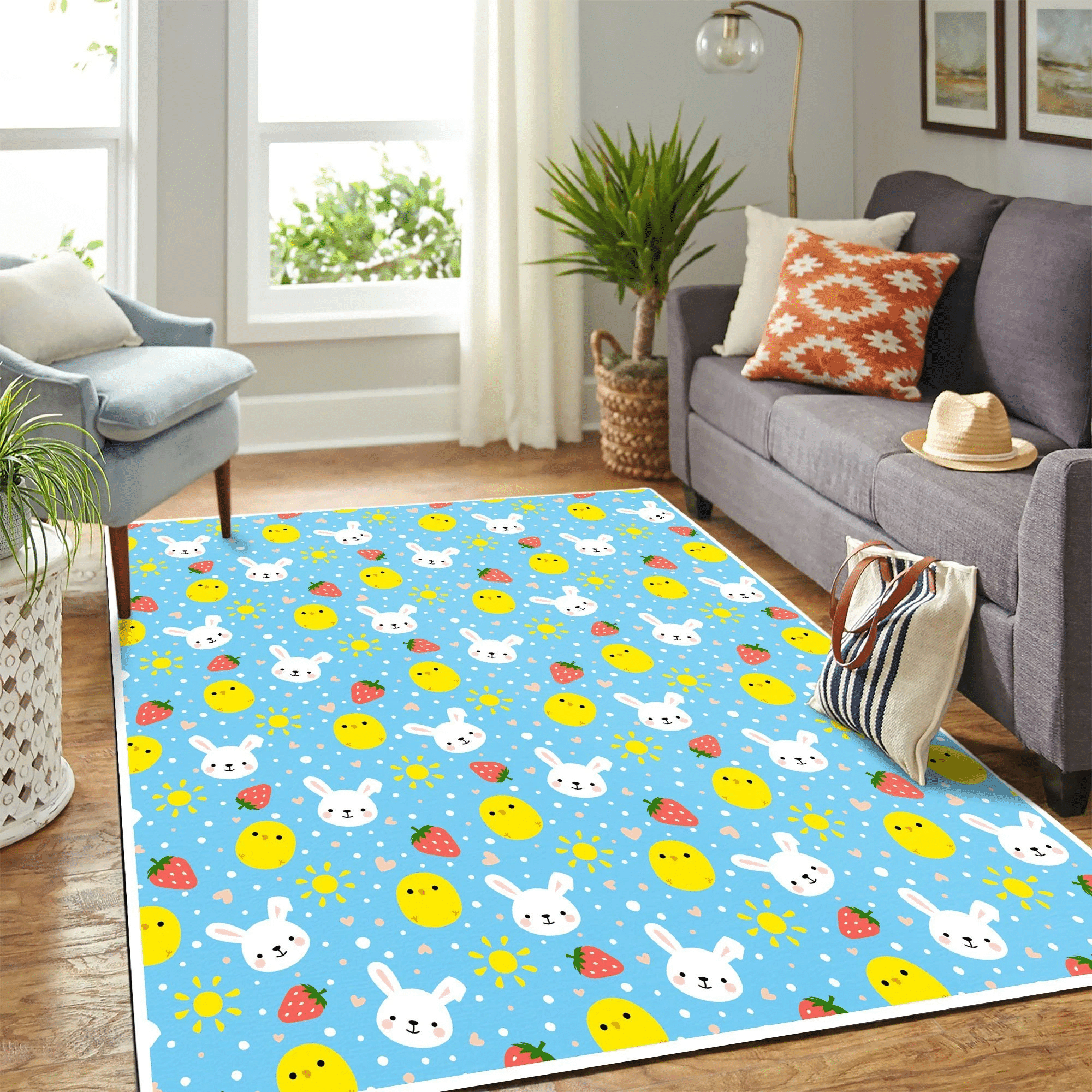 Cute Rabbit Chiken Strawberry Mk Carpet Area Rug Chrismas Gift - Indoor Outdoor Rugs