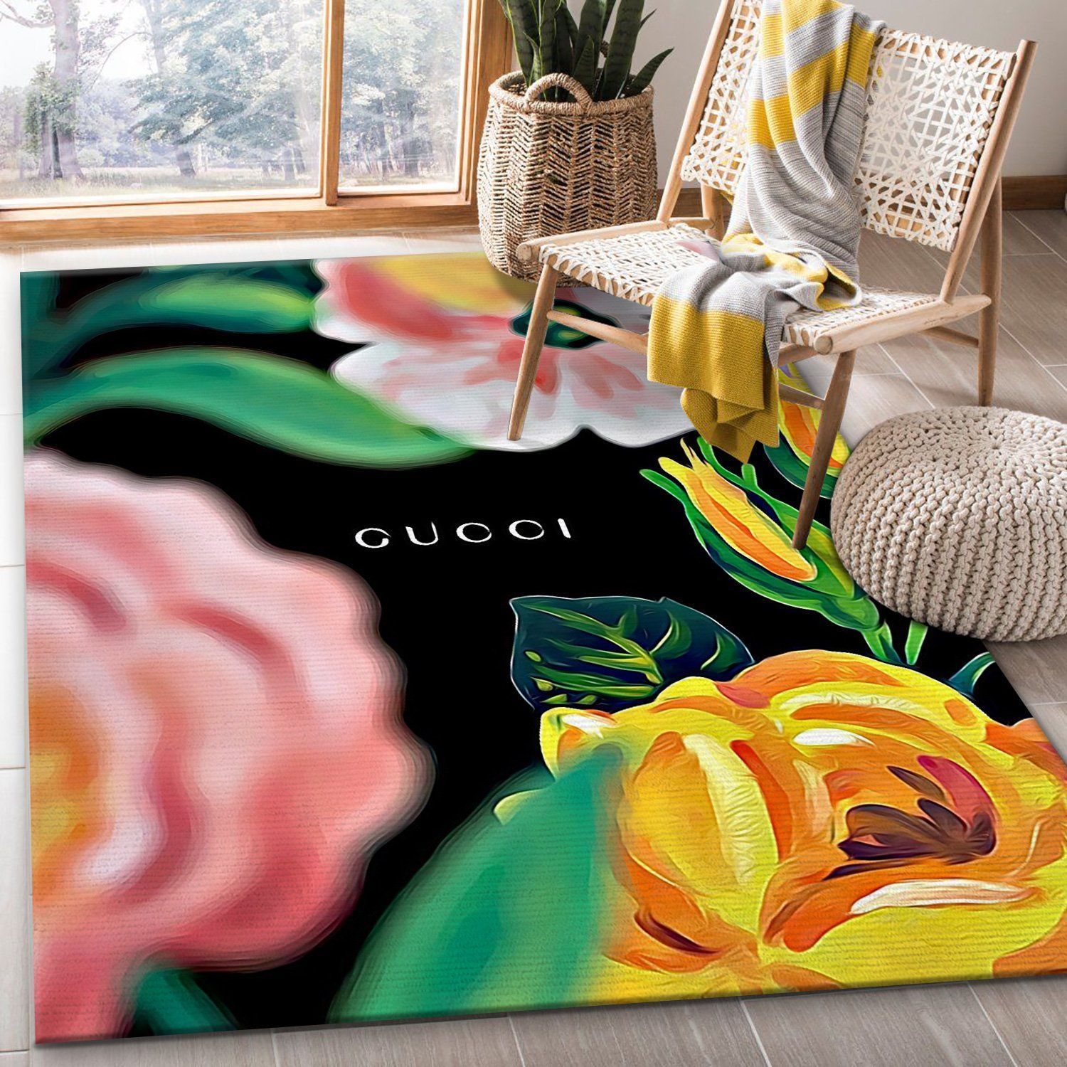 Gucci Flowers Rug Bedroom Rug Home US Decor - Indoor Outdoor Rugs