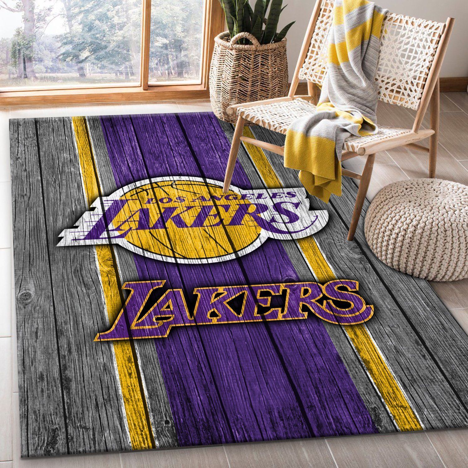 Los Angeles Lakers NBA Team Logo Wooden Style Nice Gift Home Decor Rectangle Area Rug - Indoor Outdoor Rugs