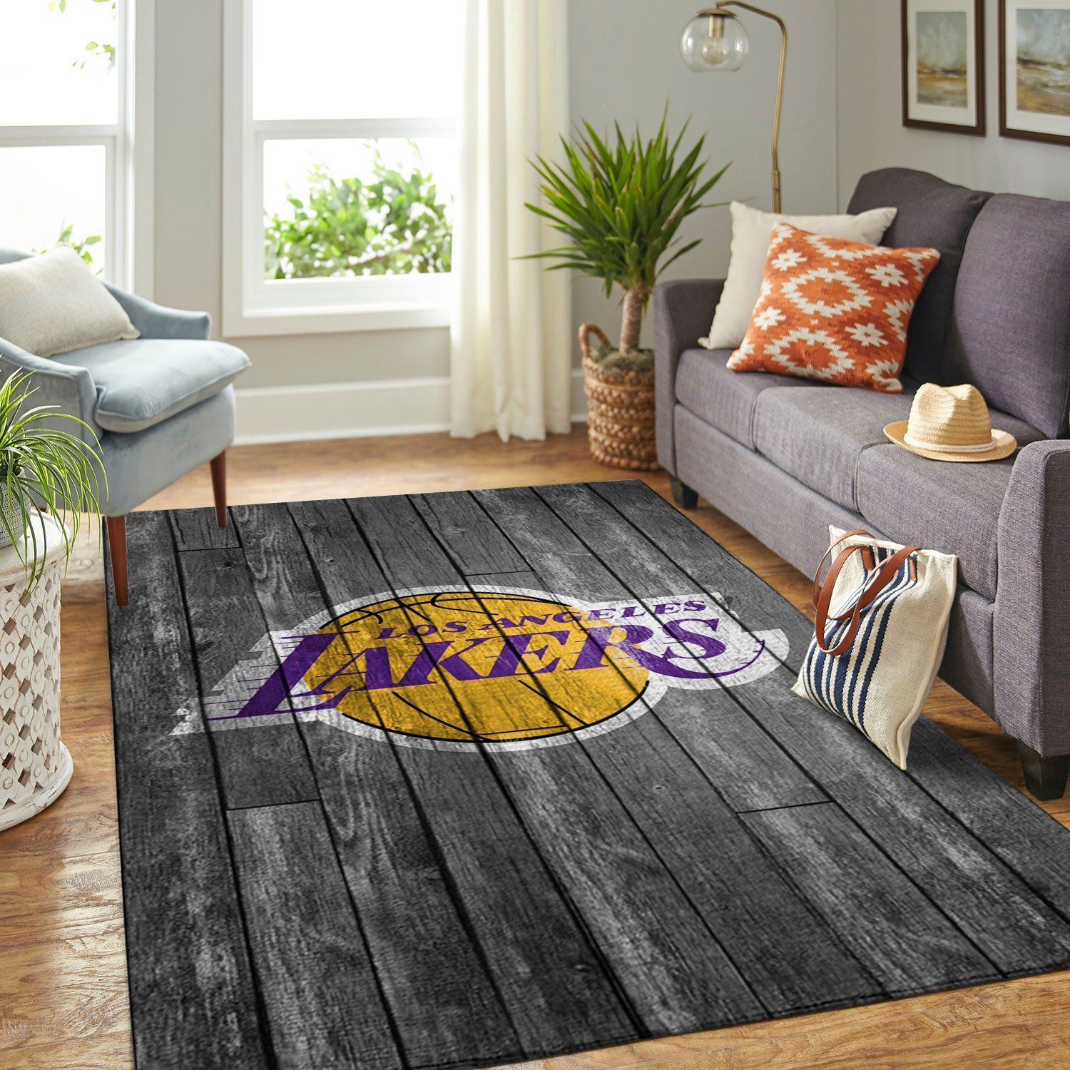 Los Angeles Lakers Nba Team Logo Grey Wooden Style Nice Gift Home Decor Rectangle Area Rug - Indoor Outdoor Rugs