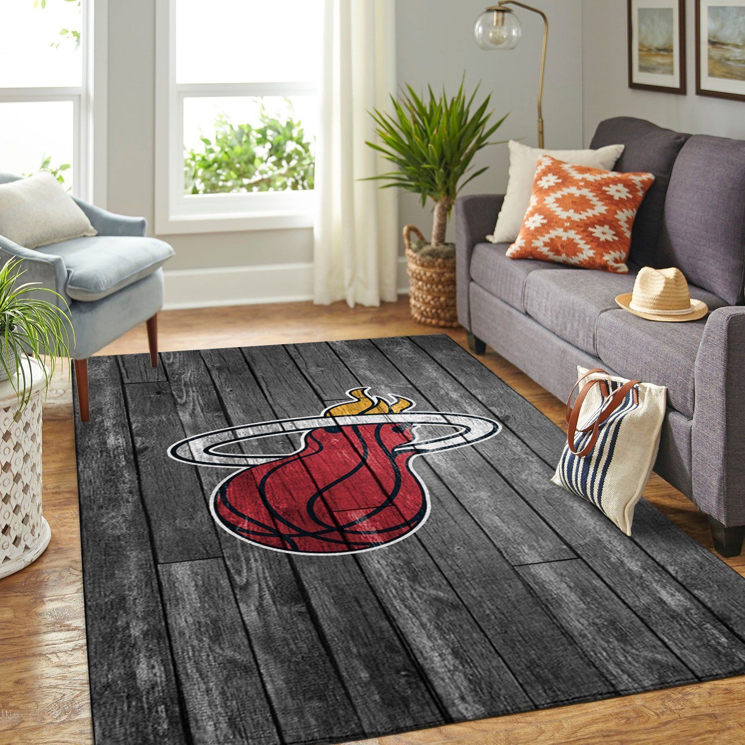 Miami Heat Nba Team Logo Grey Wooden Style Nice Gift Home Decor Rectangle Area Rug - Indoor Outdoor Rugs