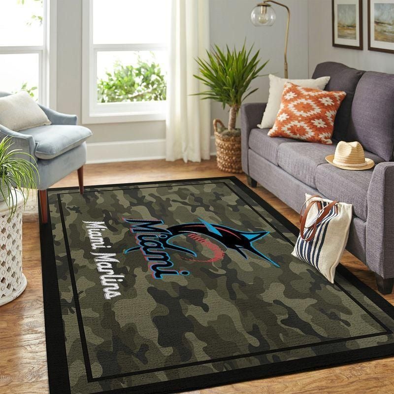 Miami Marlins Mlb Team Logo Camo Style Rug Room Carpet Custom Area Floor Home Decor - Indoor Outdoor Rugs
