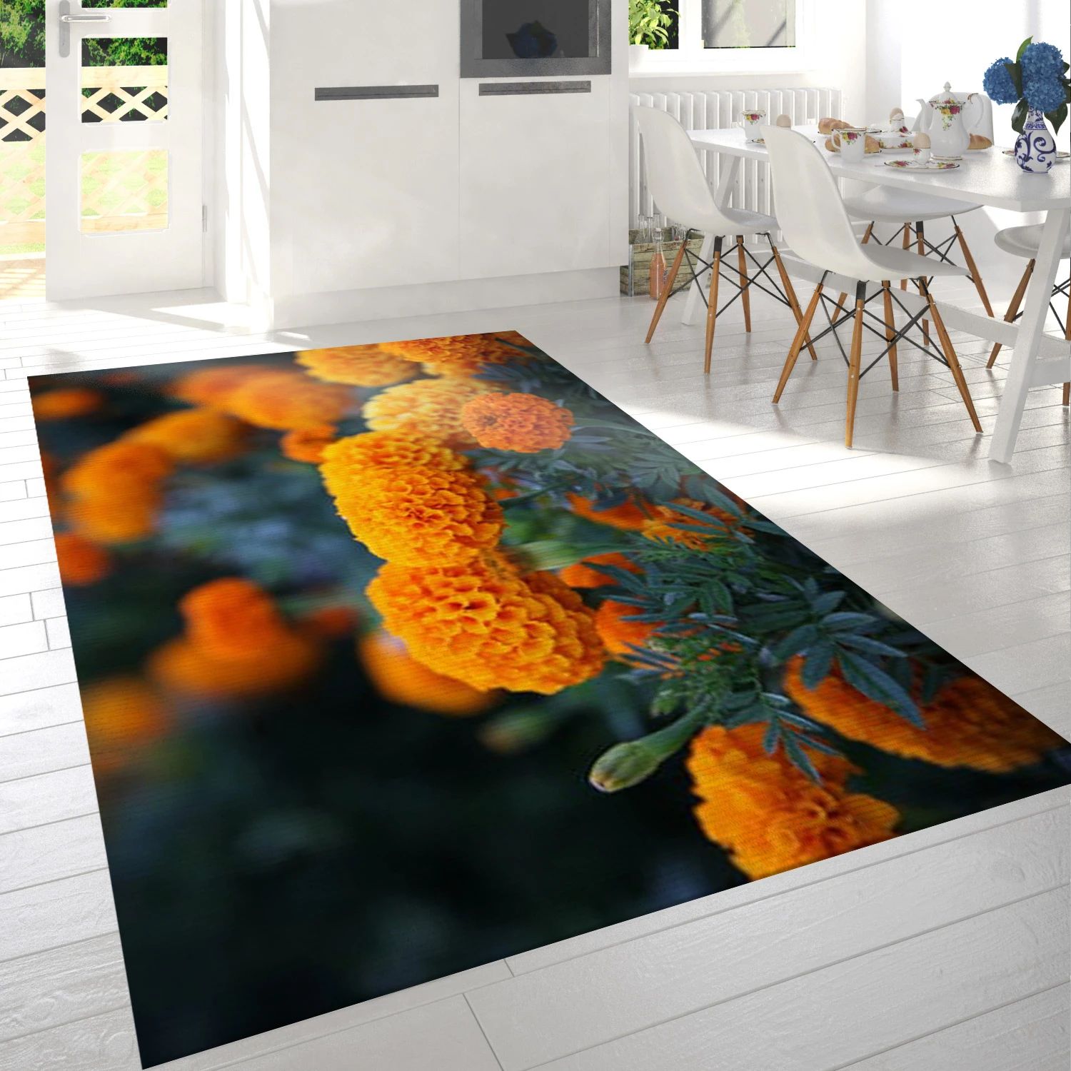 Orange Flowers With Green Leaves Art Rug, Living Room Rug - The US Decor - Indoor Outdoor Rugs