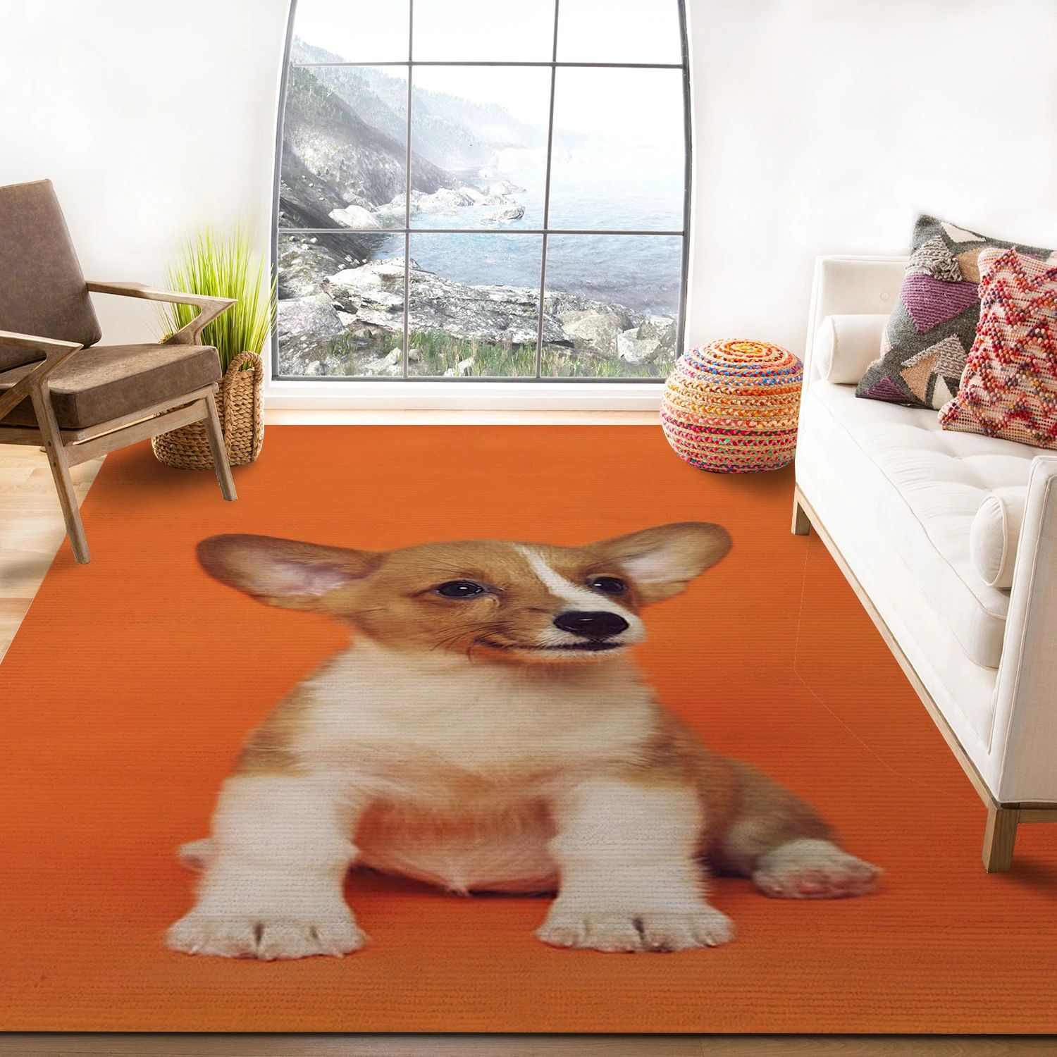 Short Coated Brown And White Puppy Sitting Area Rug