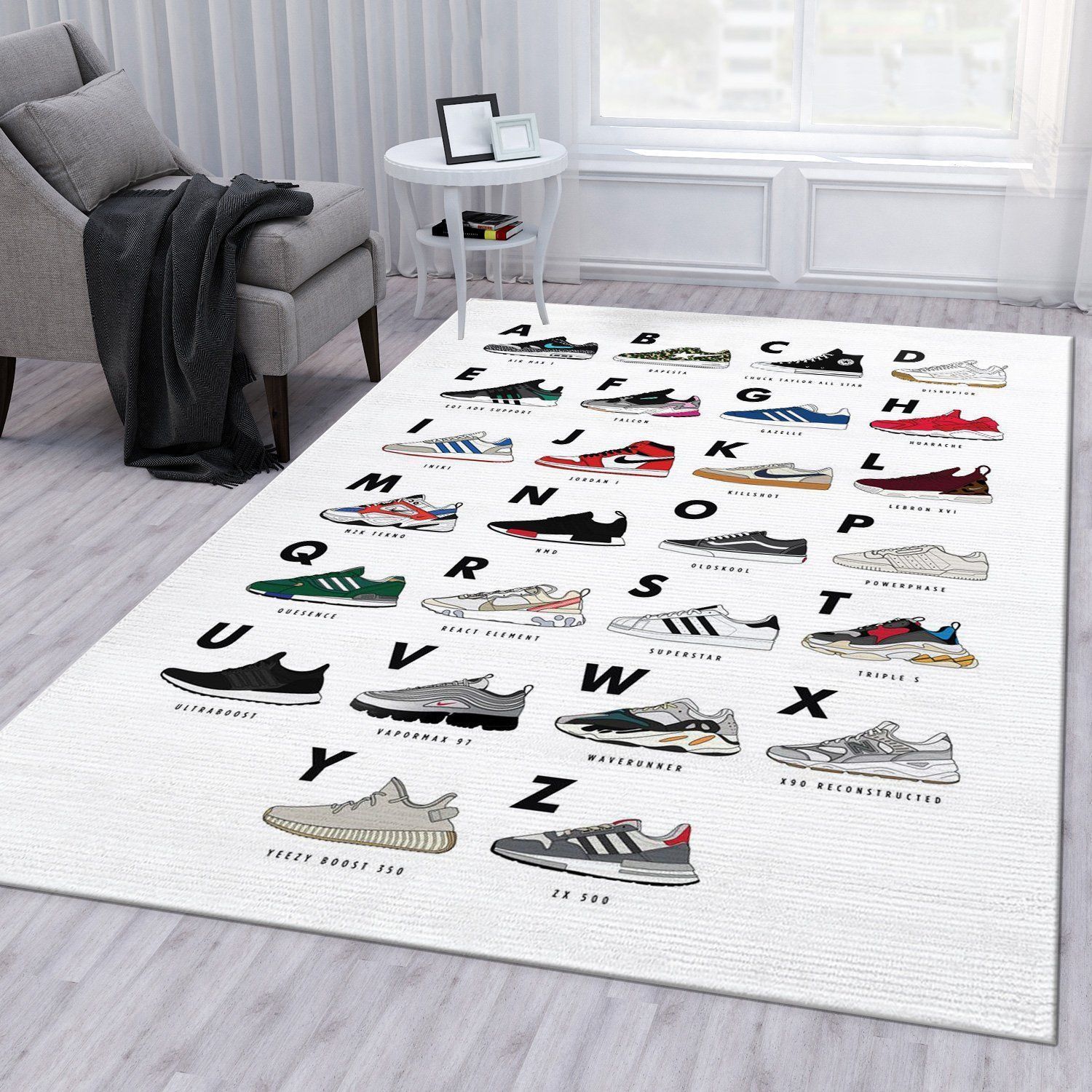 Sneakers Alphabet White Area Rug For Christmas Bedroom Rug Home US Decor - Indoor Outdoor Rugs