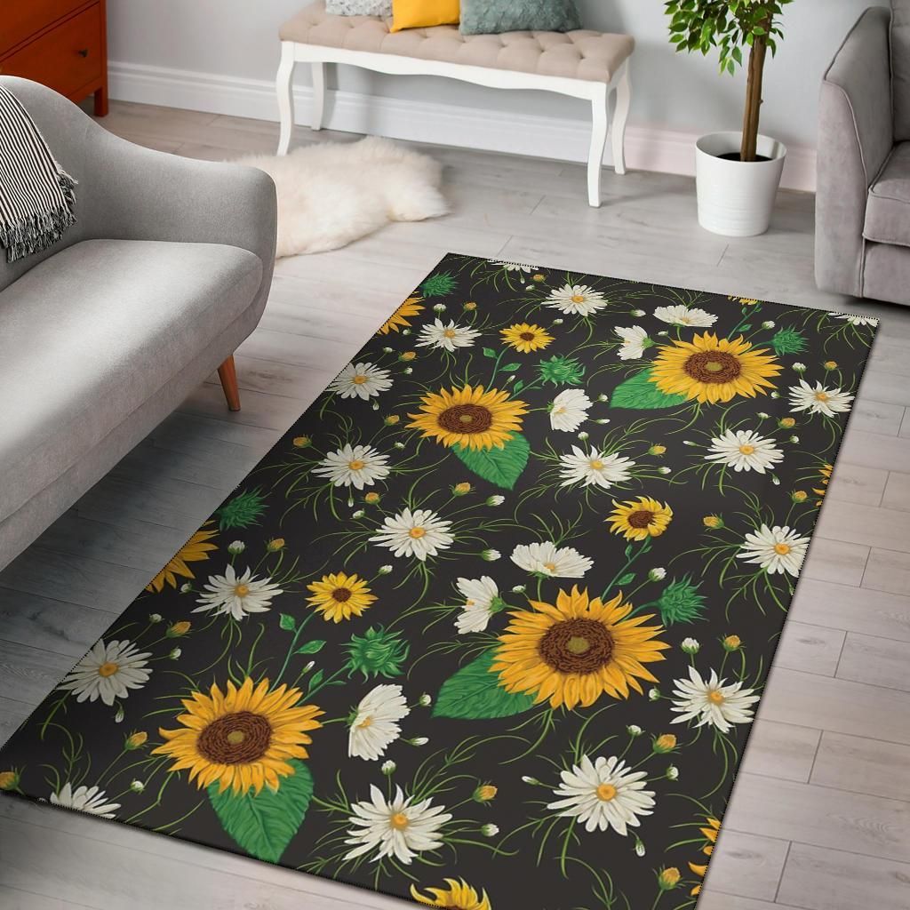 Sunflowers And White Chamomile Flowers Area Rug Chrismas Gift - Indoor Outdoor Rugs