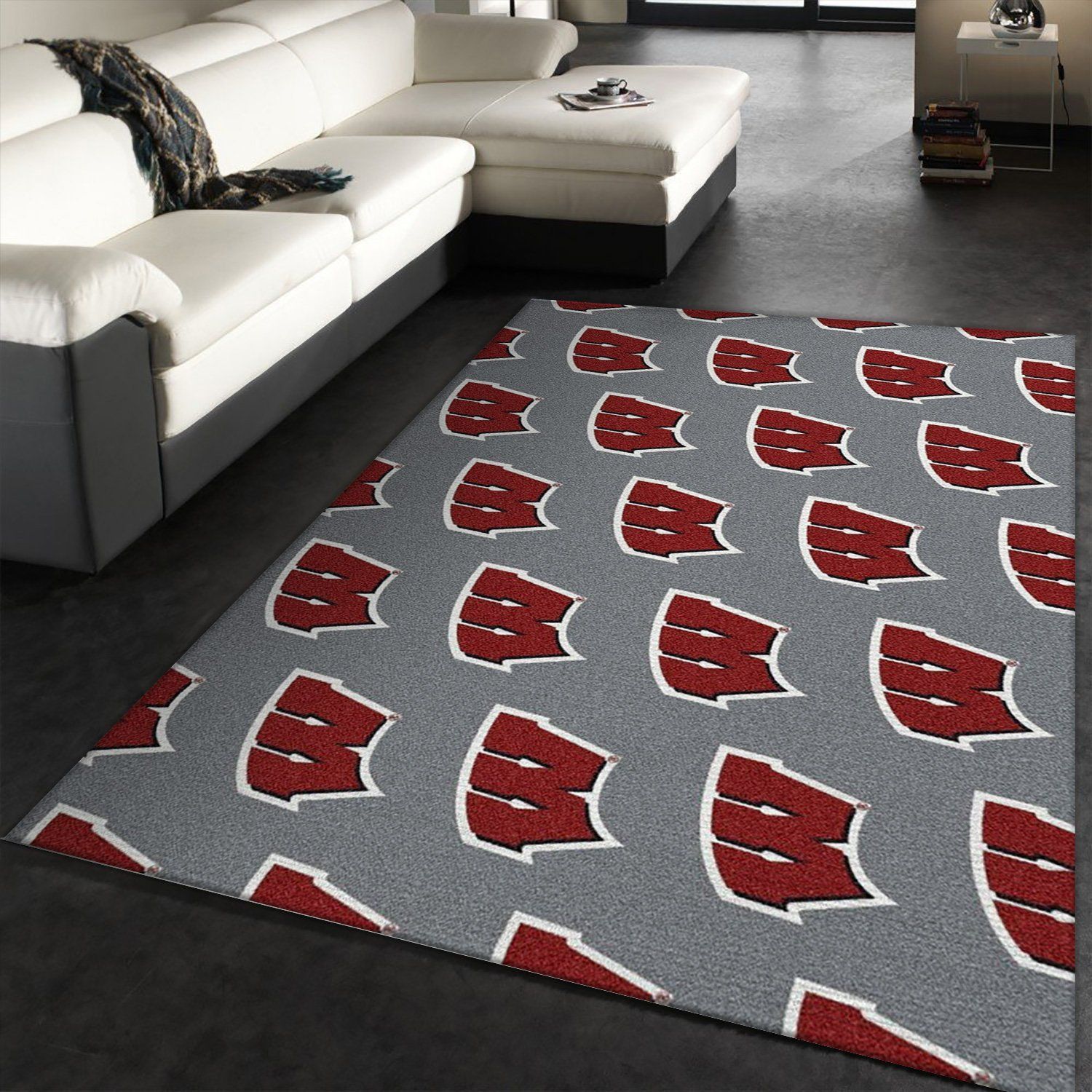 Wisconsin University Repeating Logo Rug NCAA Area Rug Carpet, Bedroom Rug, Home Decor Floor Decor - Indoor Outdoor Rugs