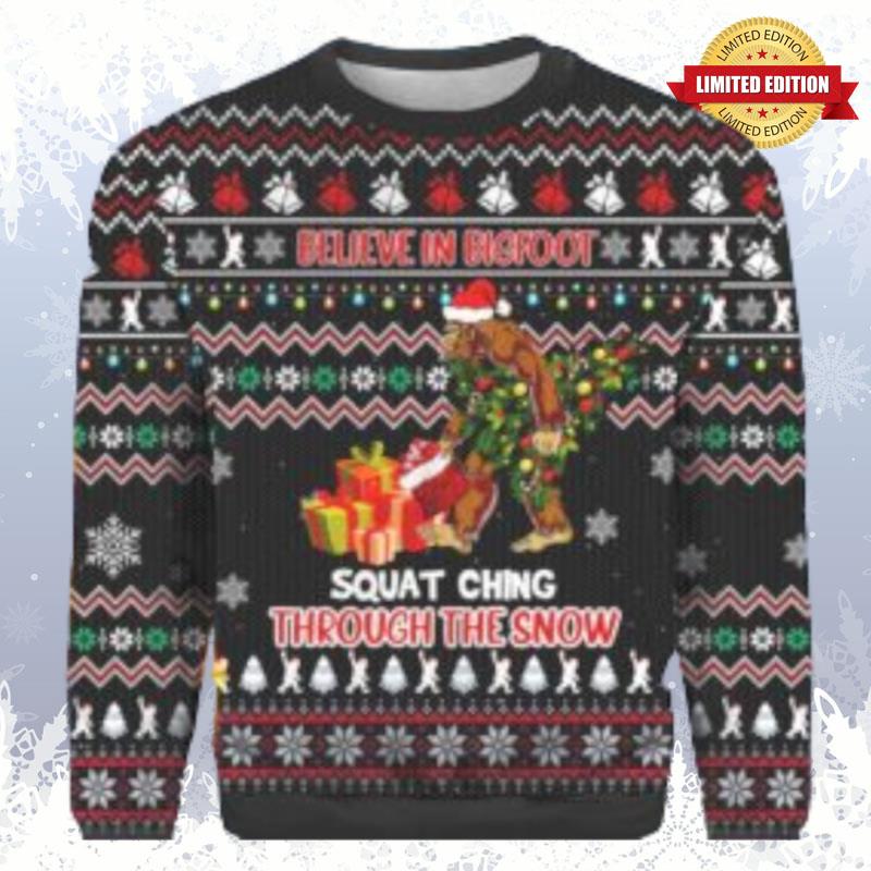 Bigfoot Squatchin' Through The Snow Ugly Sweaters For Men Women