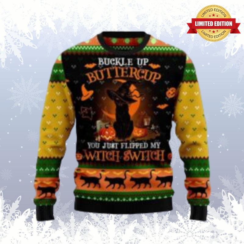 Black Cat Buttercup Halloween Ugly Sweaters For Men Women