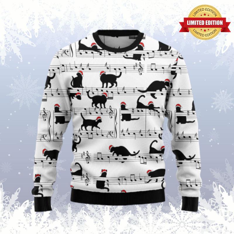 Black Cat Christmas Music Notes Ugly Sweaters For Men Women