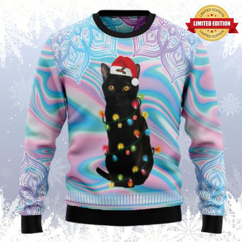 Black Cat Hologram Pattern Ugly Sweaters For Men Women