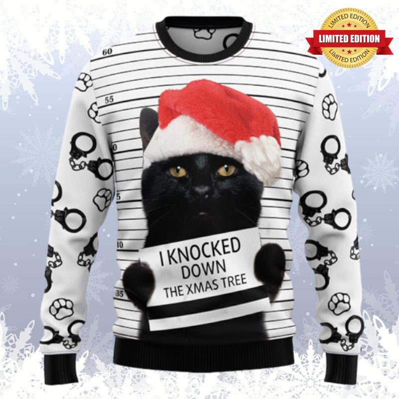 Black Cat Knocked Down Xmas Tree Ugly Sweaters For Men Women