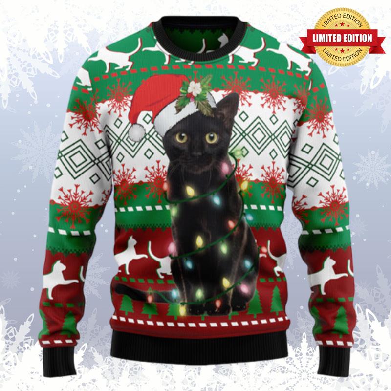 Black Cat Light Christmas Ugly Sweaters For Men Women