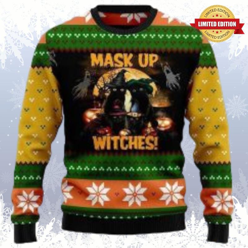Black Cat Mask Up Witches Ugly Sweaters For Men Women