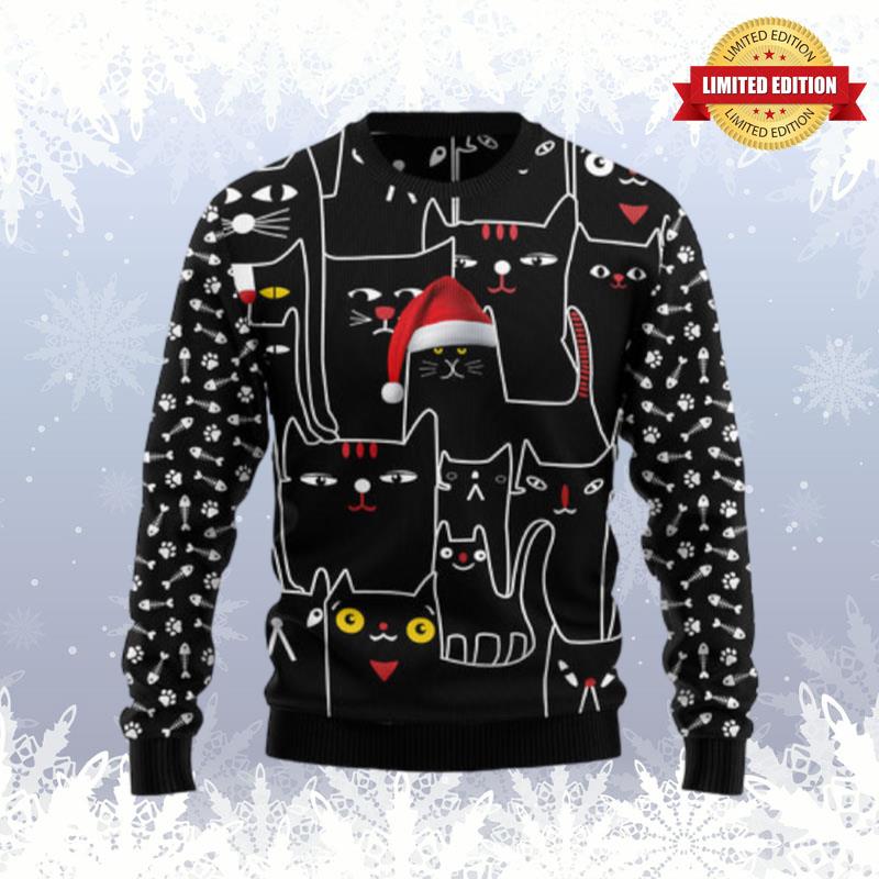 Black Cat With Noel Hat Ugly Sweaters For Men Women