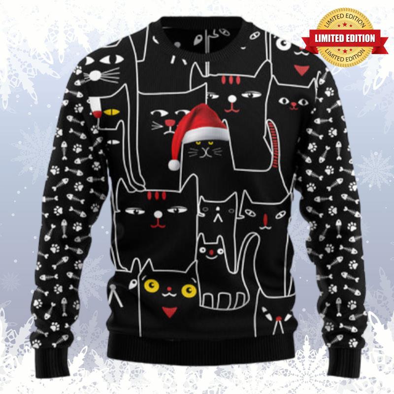 Black Cat With Noel Hat Ugly Sweaters For Men Women
