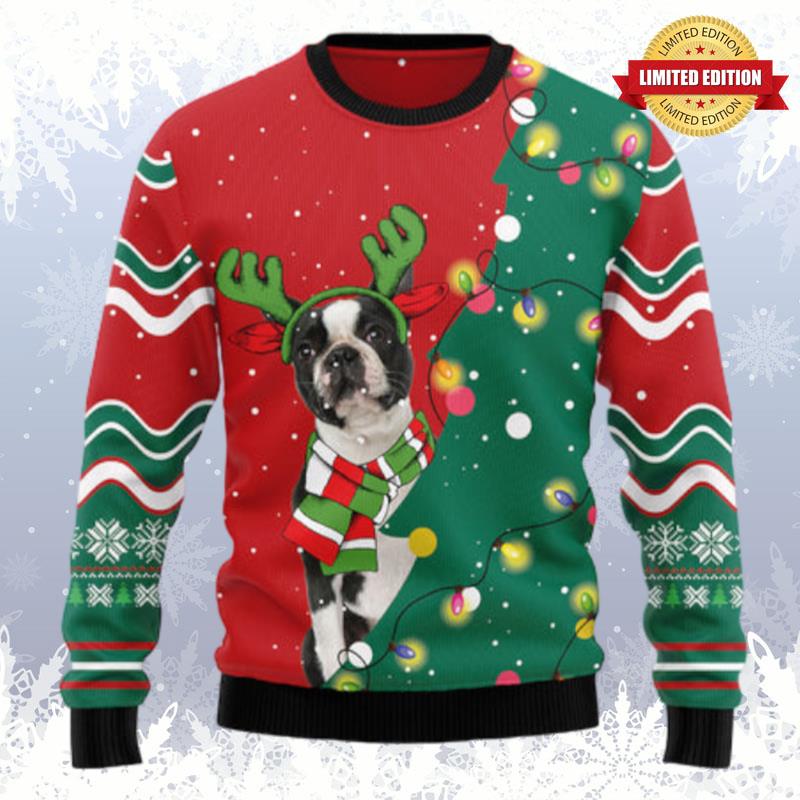Boston Terrier Christmas Tree Ugly Sweaters For Men Women