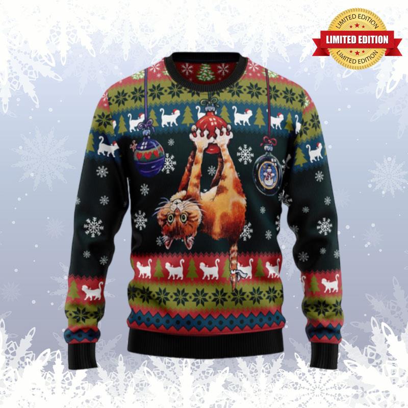 Cat Hanging On Xmas Tree Ugly Sweaters For Men Women