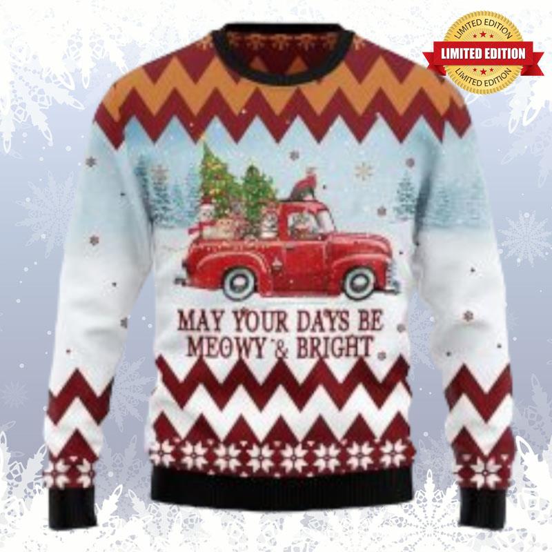 Cat With Red Truck May Your Days Be Mewy Bright Christmas Ugly Sweaters For Men Women