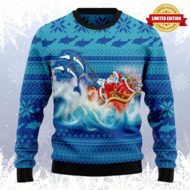 Dolphin Riding The Waves With Santa Ugly Sweaters For Men Women