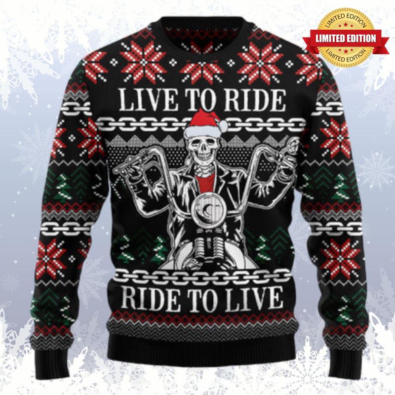 Live To Ride Motorbike Skeleton Ugly Sweaters For Men Women