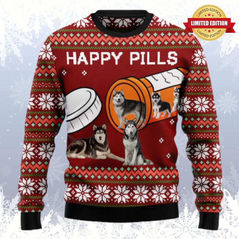 Merry Christmas Siberian Husky Happy Pills Ugly Sweaters For Men Women