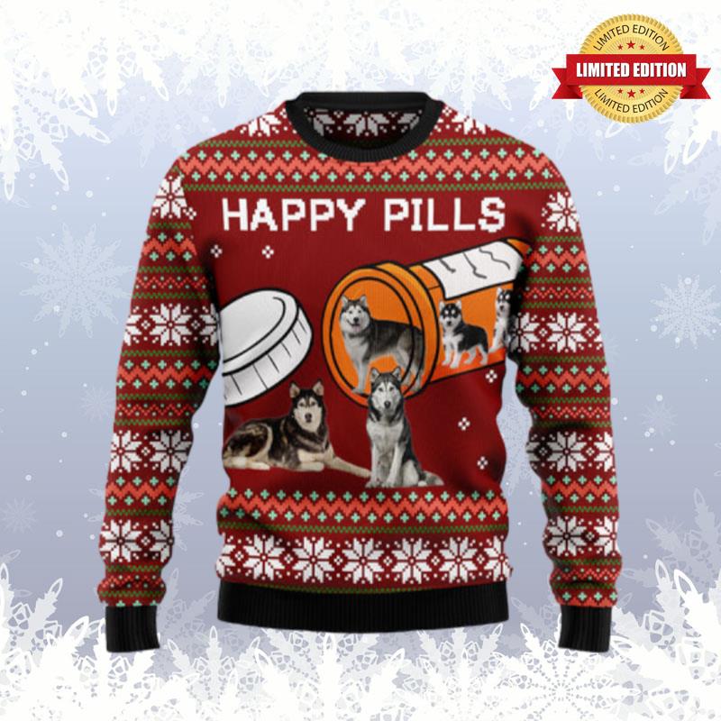 Merry Christmas Siberian Husky Happy Pills Ugly Sweaters For Men Women