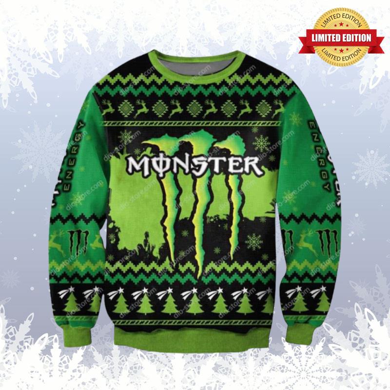 Monster Energy 3D Christmas Knitting Pattern Black And Green Ugly Sweaters For Men Women