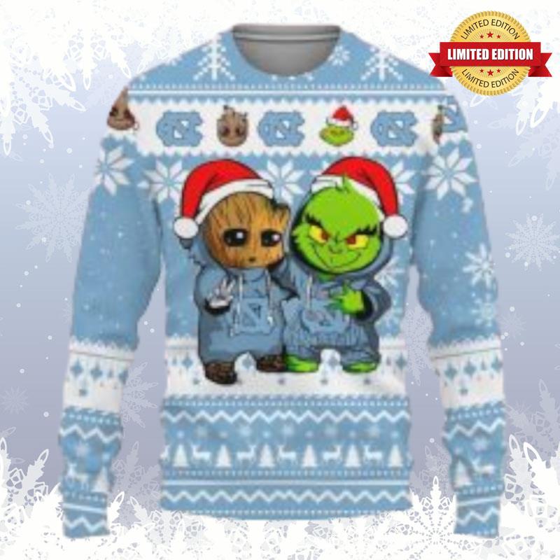 North Carolina Tar Heels Baby Groot And Grinch Ugly Sweaters For Men Women