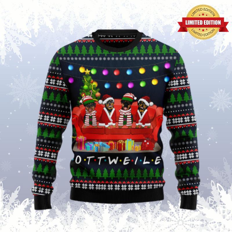 Rottweiler Friends On Red Sofa Ugly Sweaters For Men Women