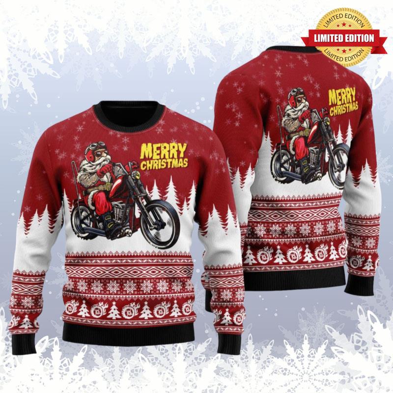 Santa Riding Motorbike To Holiday Cuye Ugly Sweaters For Men Women