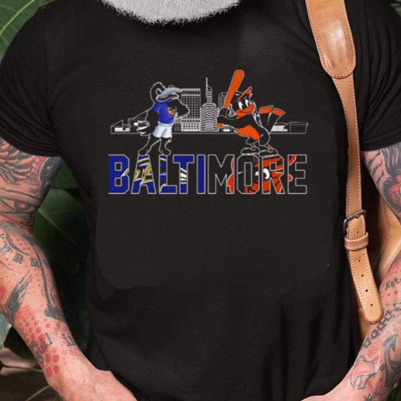 Baltimore Ravens And Baltimore Orioles Mascot Skyline Unisex Shirts