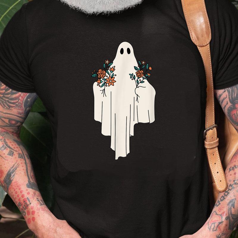 Cute Lonely Halloween Ghost With Flower Bouquet Unisex Shirts