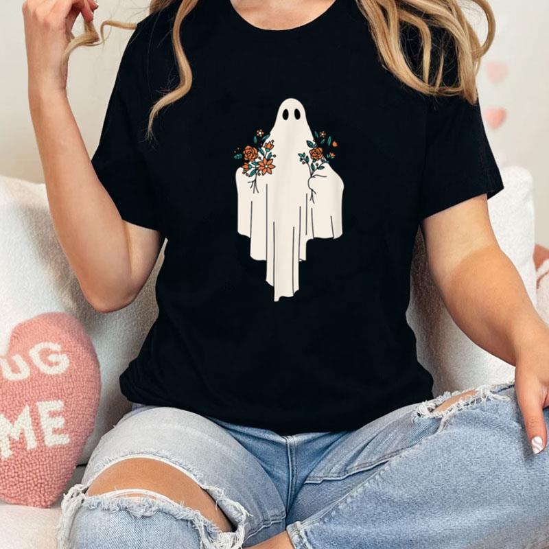 Cute Lonely Halloween Ghost With Flower Bouquet Unisex Shirts