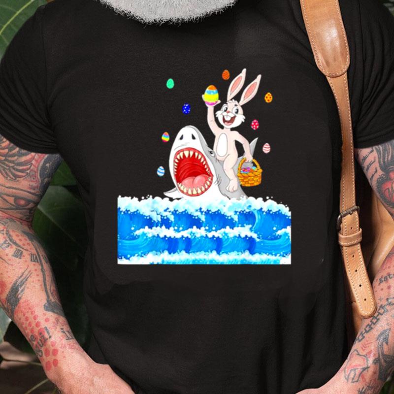 Easter Bunny Riding Shark With Eggs Baske Unisex Shirts