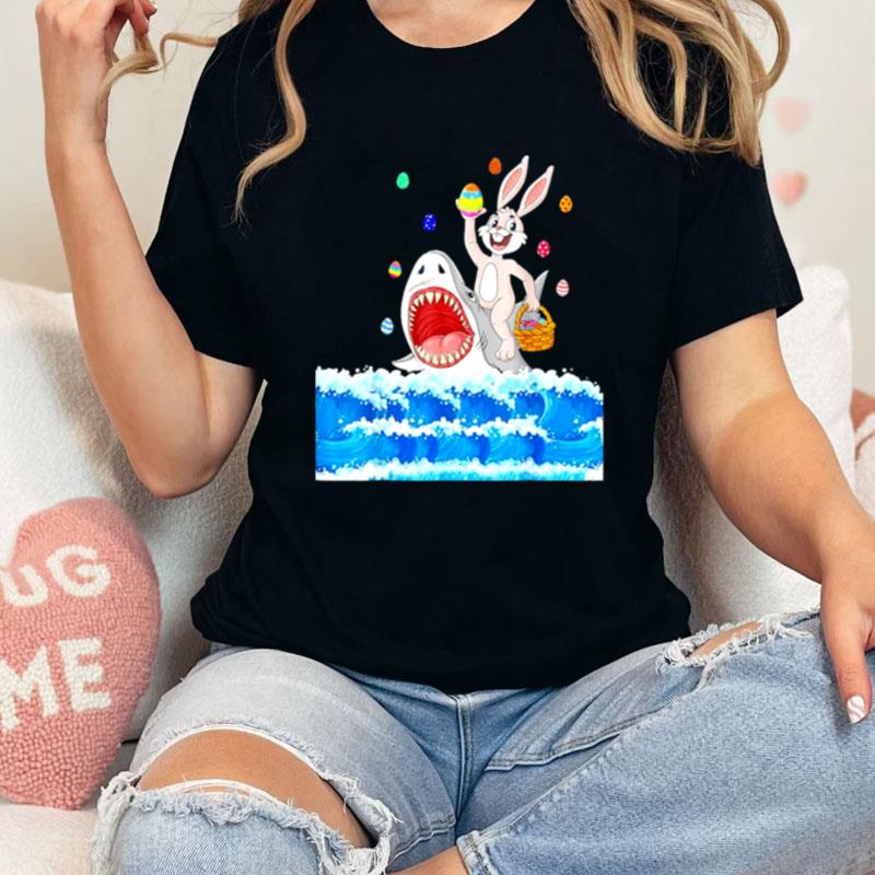 Easter Bunny Riding Shark With Eggs Baske Unisex Shirts