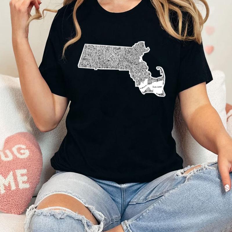 Massachusetts Typography Map Sticker Unisex Shirts