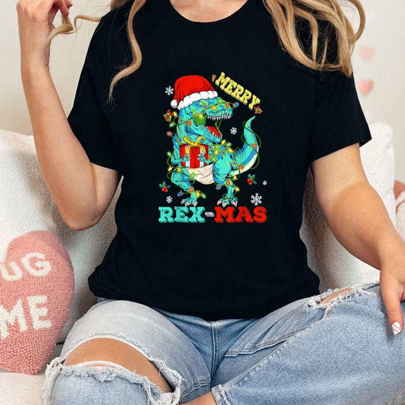 Merry Rex Mas Dinosaur Santa Christmas Tree Lights Unisex Shirts