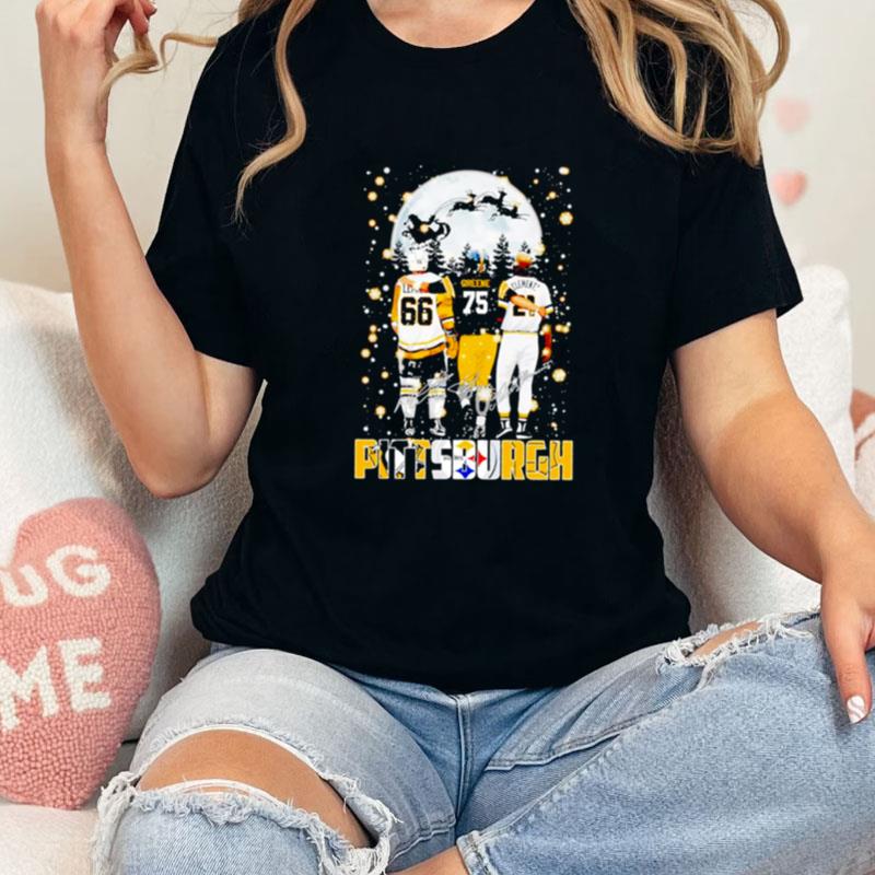 Pittsburgh Sports Teams Mario Lemieux Joe Greene And Roberto Clemente Christmas Signatures Unisex Shirts