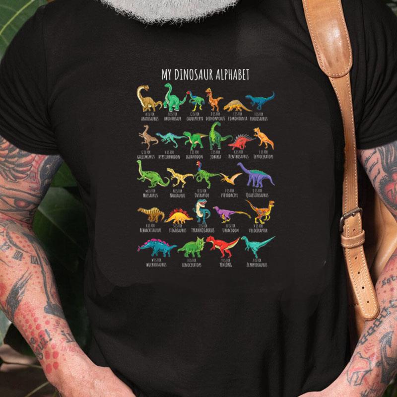 Types Of Dinosaurs Alphabet A Z Abc Dino Identification Unisex Shirts